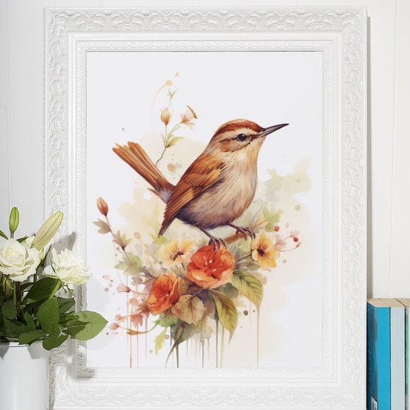 Watercolor Wren Bird Portrait Wall Art Illustration Print Poster Unframed - Picture 8 of 9